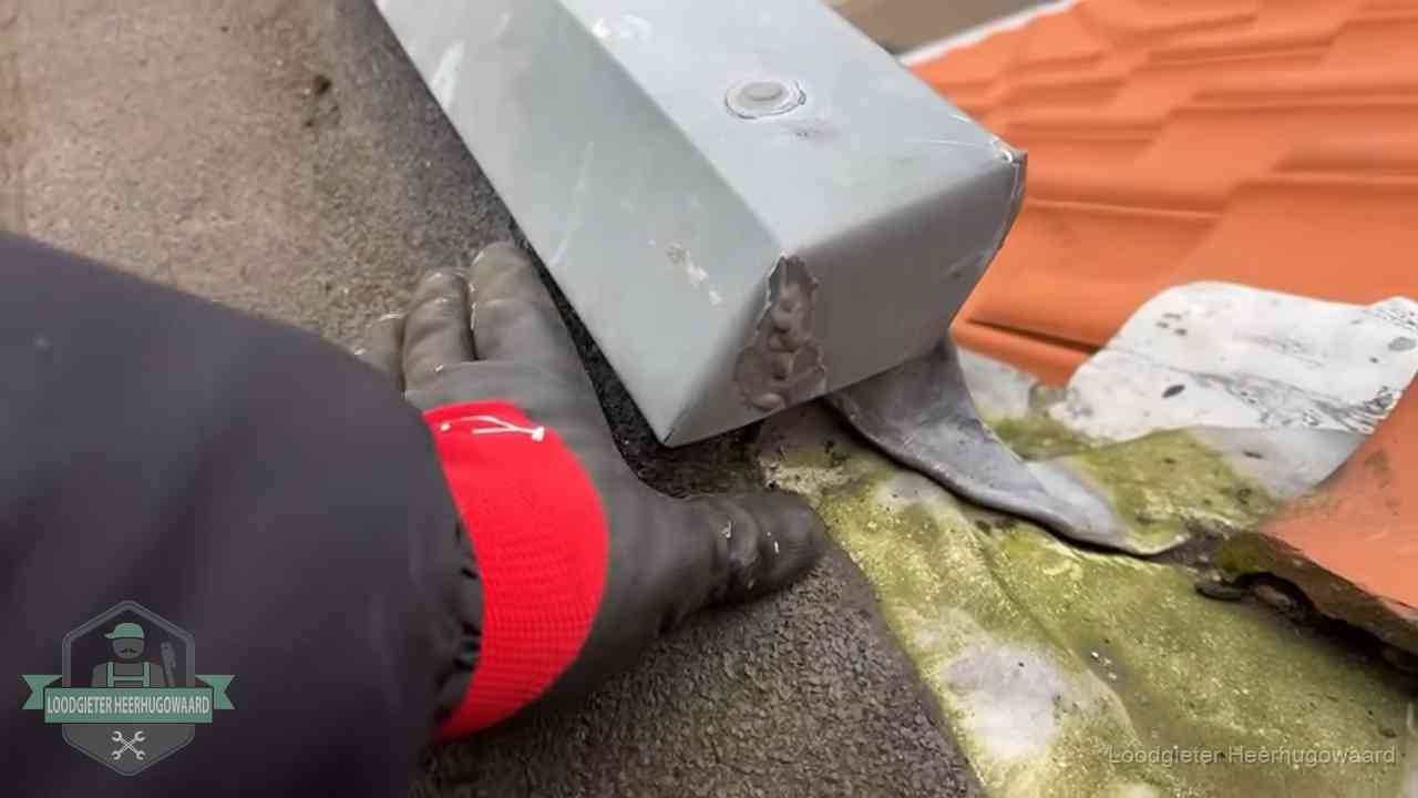 Hemelwaterafvoer en dakgoot controleren in Heerhugowaard Controle van een zinken hemelwaterafvoer met loodslab bij dakpannen in Heerhugowaard