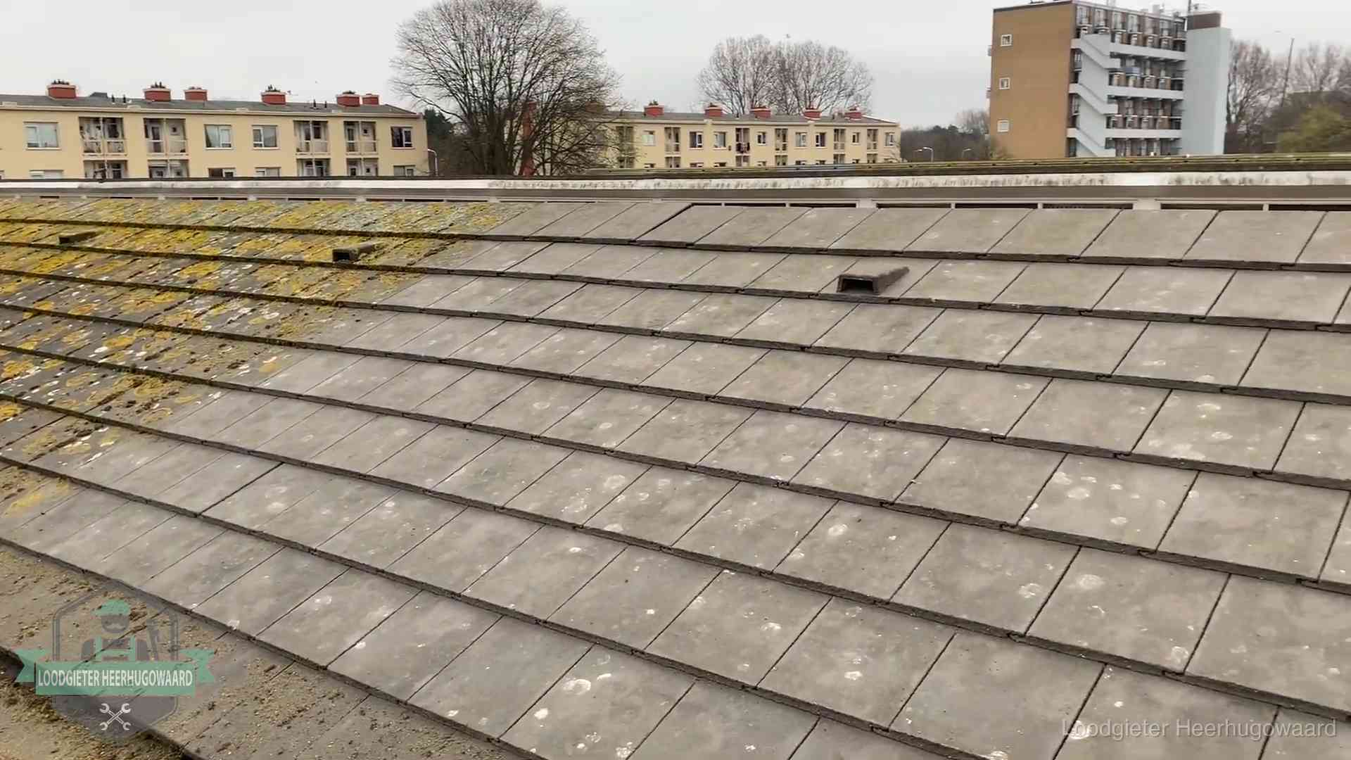 Dakpannen op een schuin dak in Heerhugowaard Schuin dak met betonpannen vol mos in Heerhugowaard, een risico op lekkage bij de pannen